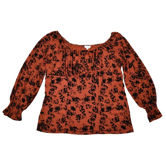 Siren Lily Tops - Boho Mesh Floral Blouse Top Orange Ruched Square Neck Balloon Sleeve Fall Colors